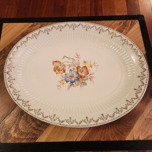 Vintage Floral Oval Serving Platter With Gold Details 13 By 10